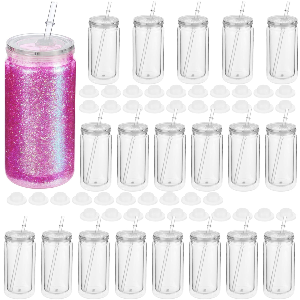 20 Pcs 16 fl oz Plastic Tumblers with Lids and Straws, Double Wall Tumbler with Pre Drilled Hole Bulk Snow Globe Cups, Reusab