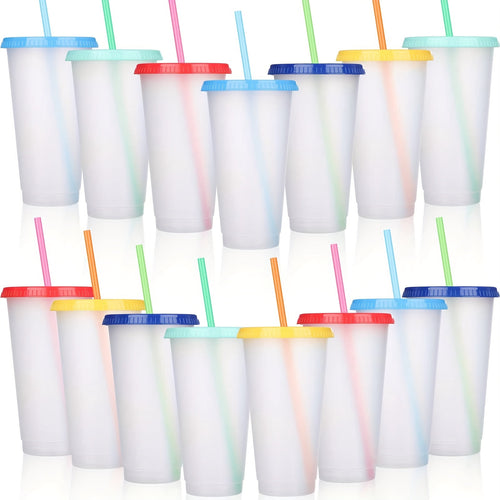 20 Pcs Reusable Plastic Travel Cups with Lids and Straws, 24 oz Iced Coffee Tumblers Set with Colorful Lids, BPA Free Lightwe