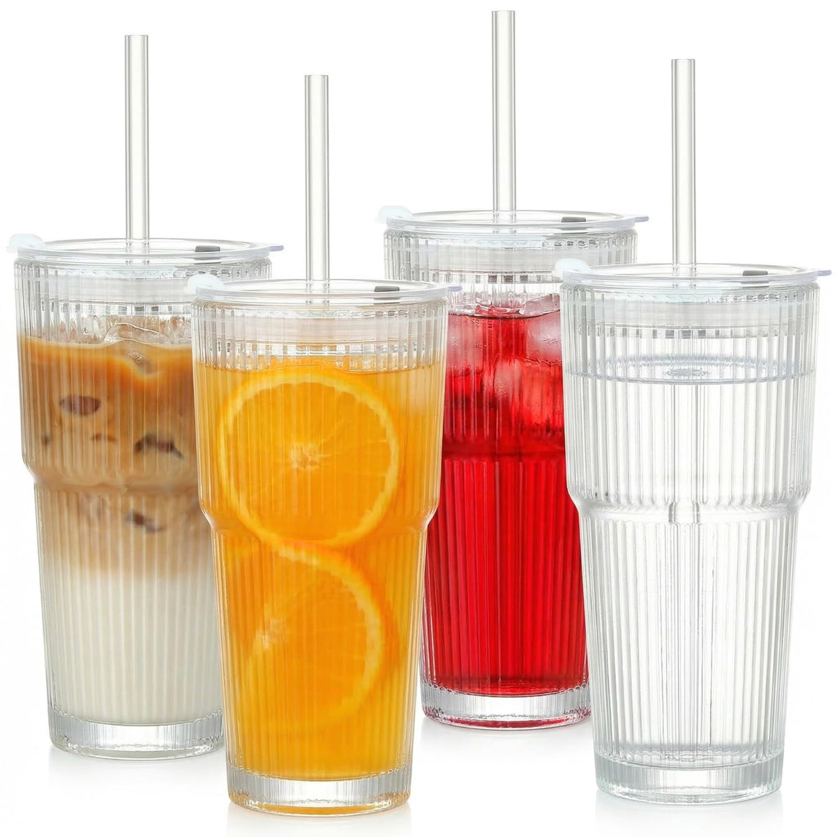 20 oz Clear Ribbed Glass Tumbler with Lid and Straw, Spill-proof Iced Coffee Cups, Hobnail Drinking Set of 4, Vintage Glasswa