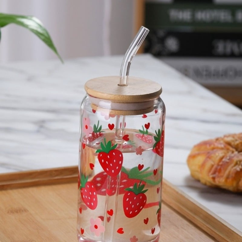Totoro Hero Kawaii Strawberry Glass Cup With Lid And Straw Drinking Cups Iced Hot Coffee Glasses Cute Tumbler Cup for Kitchen