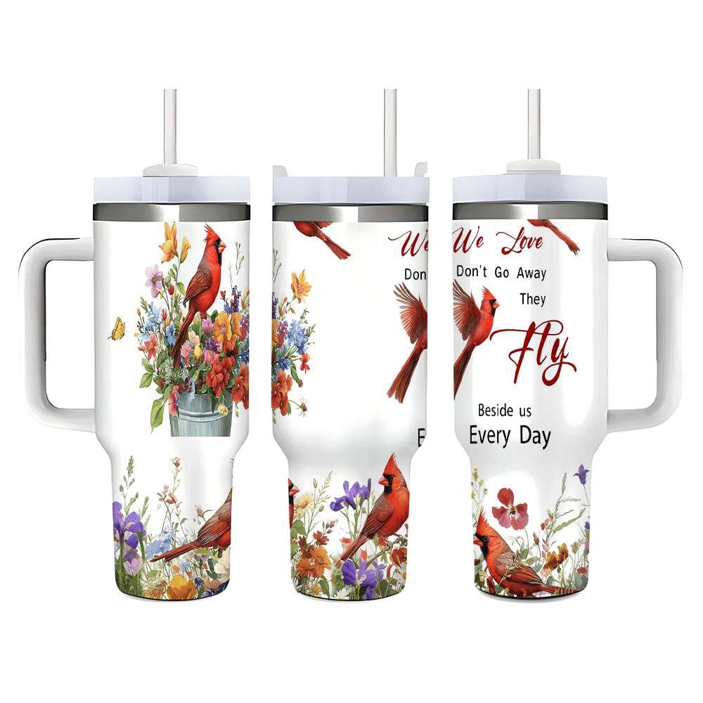 Cardinal Bird Floral Insulated Tumbler with Lid and Straw, Stainless Steel Travel Mug with Handle, Wildflower Spring Art Desi