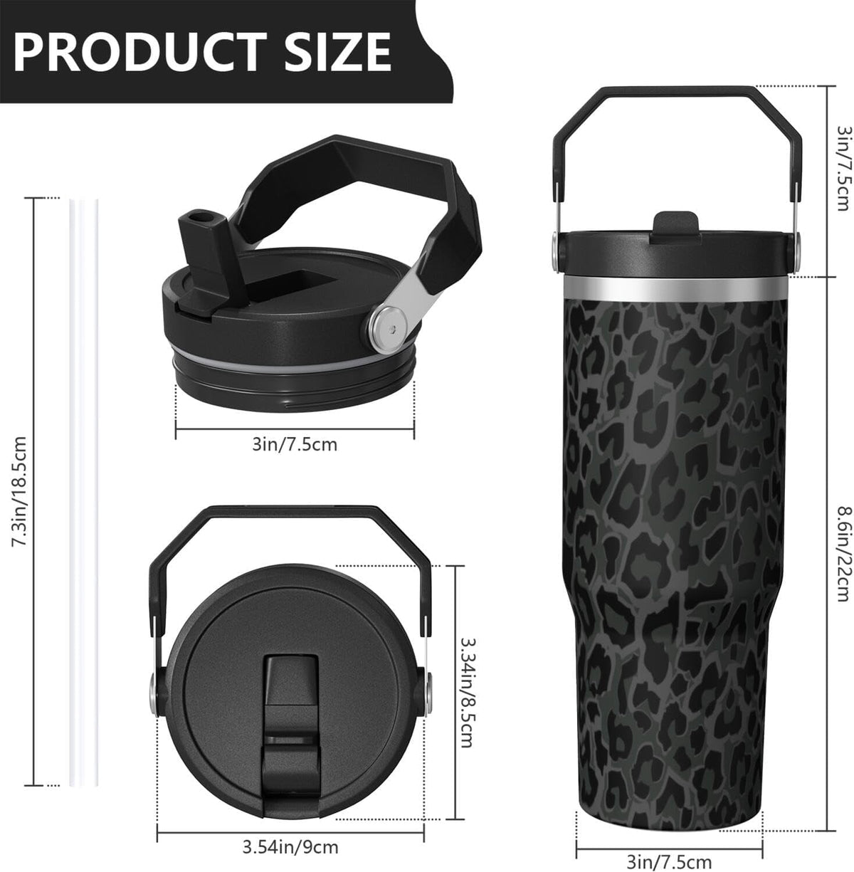 30oz Insulated Leopard Tumbler with Handle,Featuring a Leak-proof 2-in-1 Lid and Straw,a Vacuum-insulated Travel Coffee Mug,P