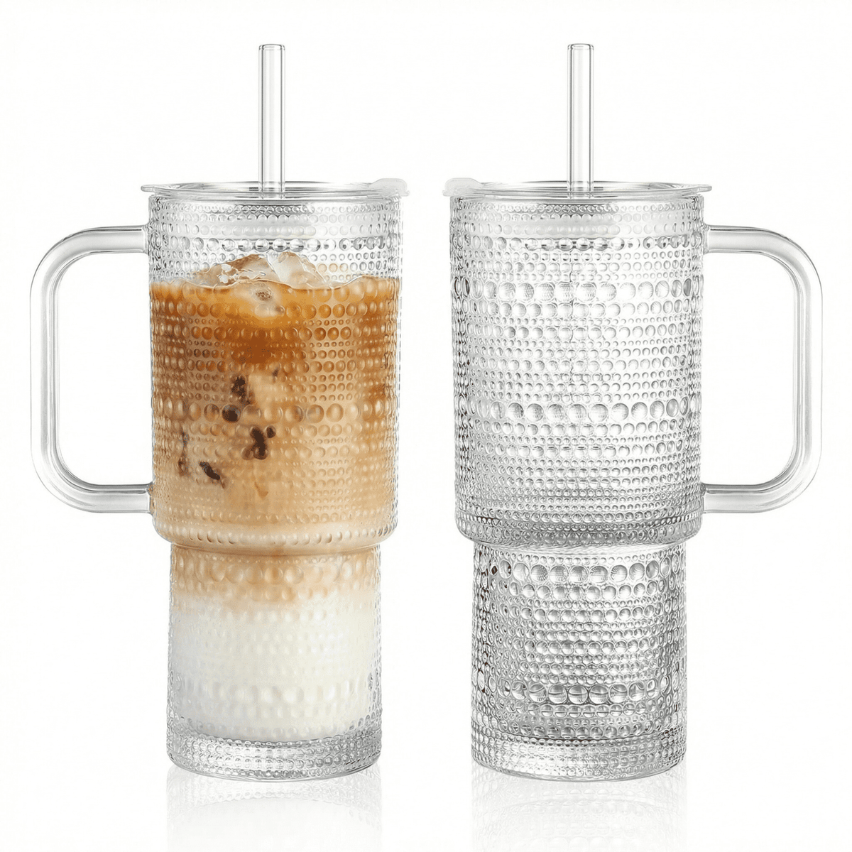 26oz Drinking Glasses with Handle & Lid – 2-Pack Large Iced Coffee Cups with Straws, Modern Glass Tumbler for Cold & Hot Beve