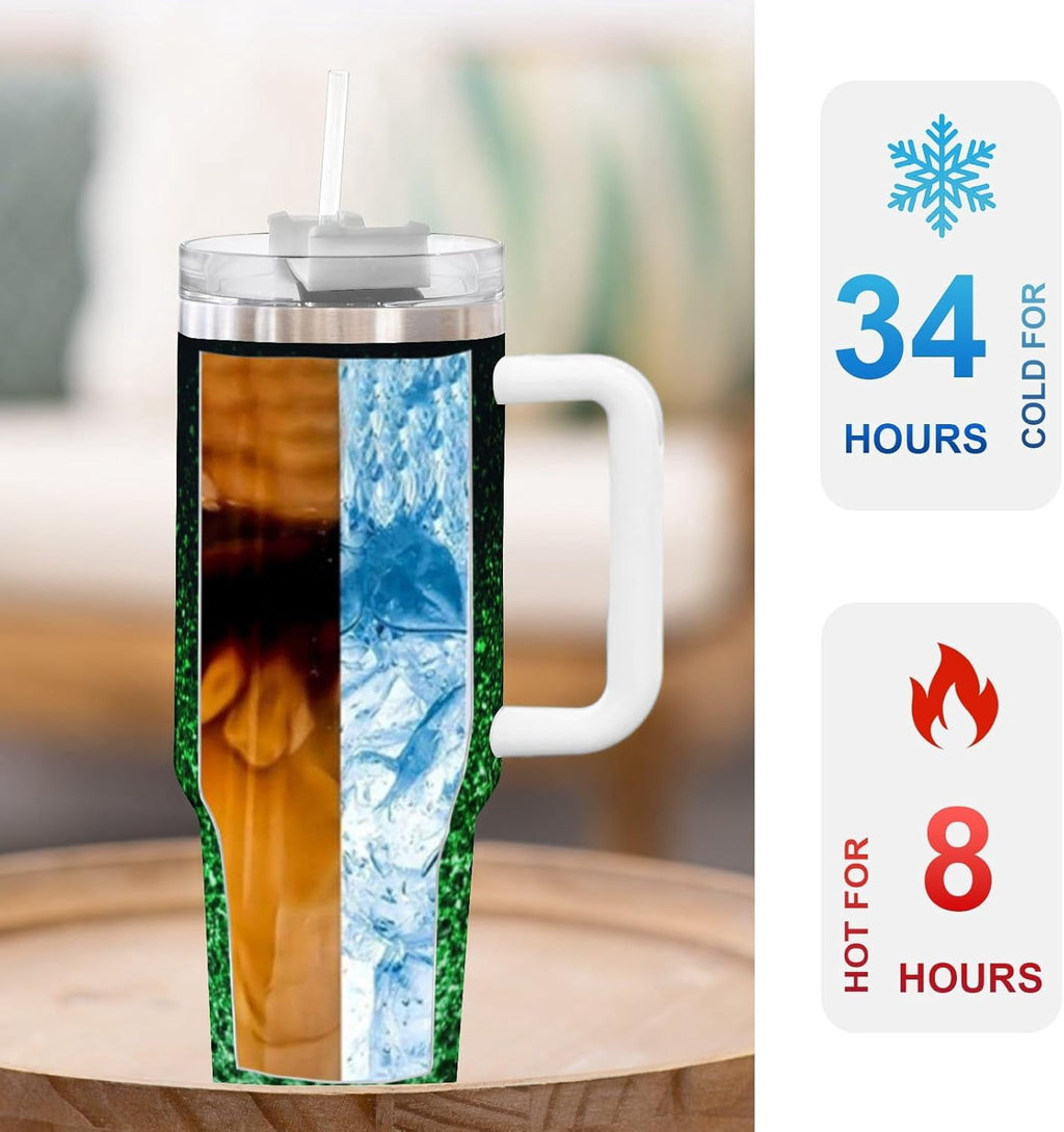 Ombre Leopard Glitter 40 oz Insulated Double Wall Stainless Steel Tumbler with Handle and Straw, Lid, Large Travel Mug Fits i