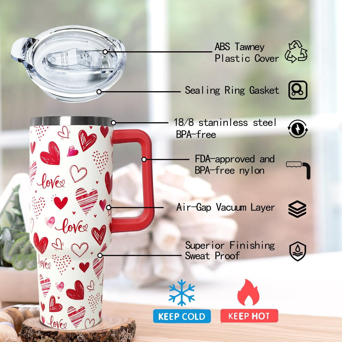 Love Tumbler 40 Oz Valentine Heart Tumbler With Handle,Valentine''s Day Coffee Travel Mug Cup Water Bottle,Heart Decor,Valent