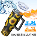 1pc Sunflower 40oz Tumbler with Straw & Handle - Insulated Stainless Steel Cup | Holiday Gift for Man Women (Christmas, Valen