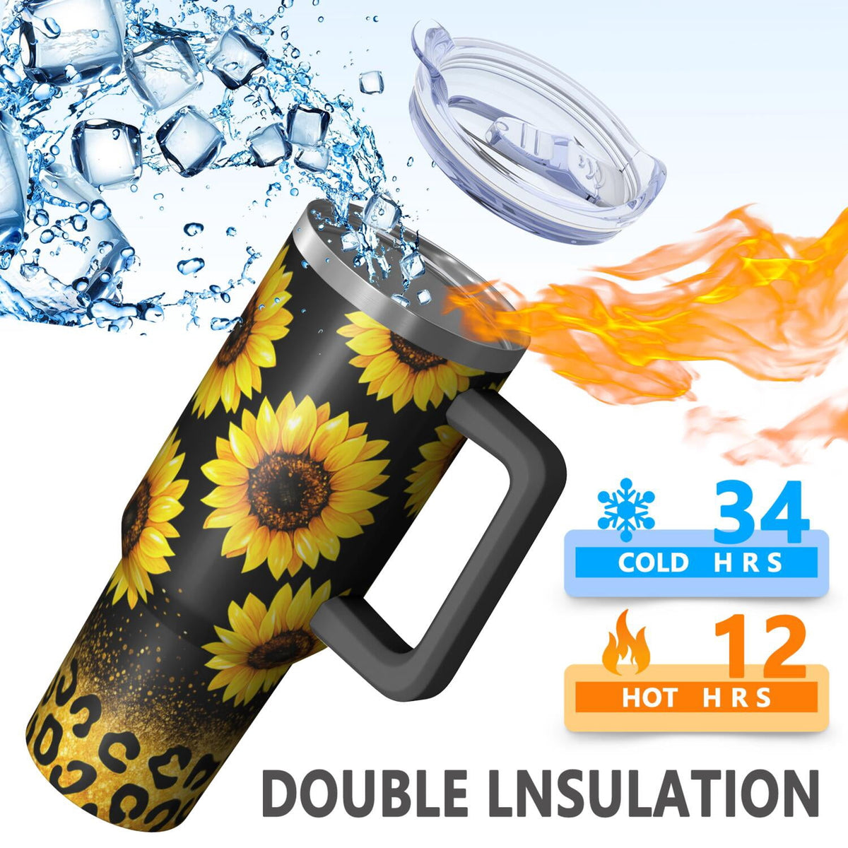 1pc Sunflower 40oz Tumbler with Straw & Handle - Insulated Stainless Steel Cup | Holiday Gift for Man Women (Christmas, Valen