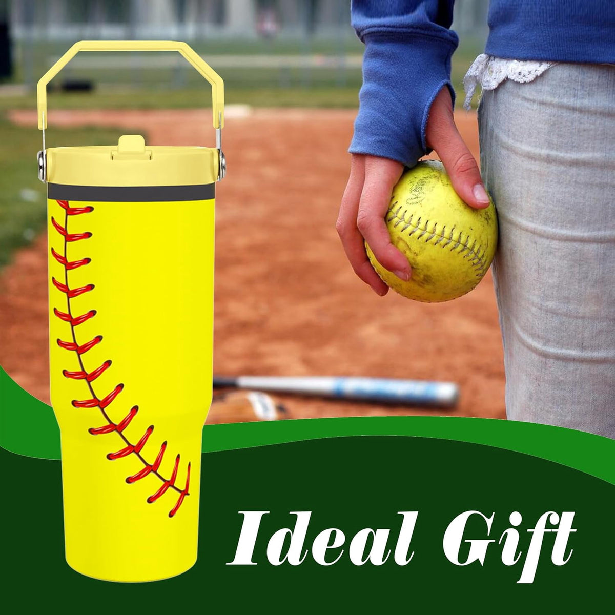 Softball Lover Gift 30 oz Flip Straw Tumbler with Top Handle Softball Pattern BPA-Free Leak Proof Stainless Steel Insulated V