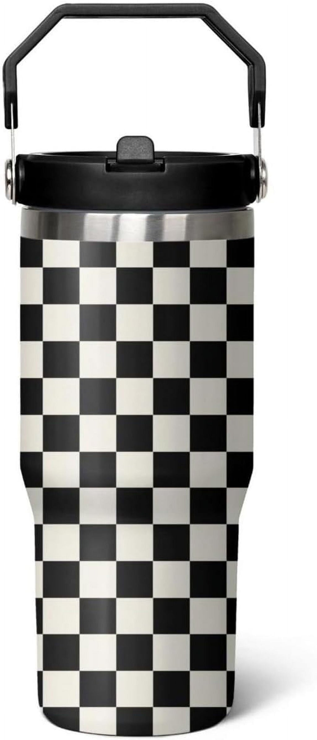 30 Oz Black and white Checkered FlipTumbler with Handle Lid and Straw, Checkered Tumbler Water Bottle Travel Coffee Cup Mug,C