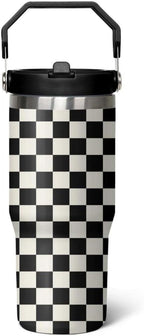 30 Oz Black and white Checkered FlipTumbler with Handle Lid and Straw, Checkered Tumbler Water Bottle Travel Coffee Cup Mug,C