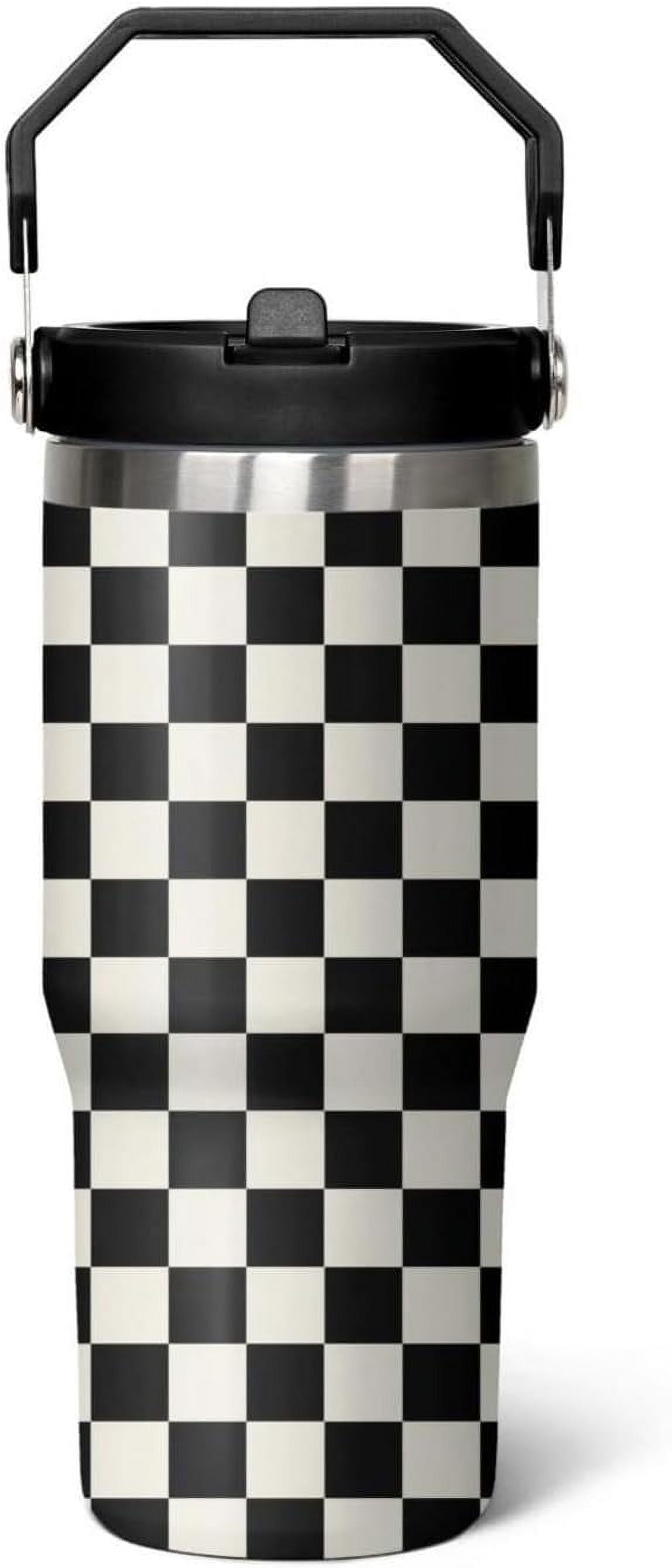 30 Oz Black and white Checkered FlipTumbler with Handle Lid and Straw, Checkered Tumbler Water Bottle Travel Coffee Cup Mug,C