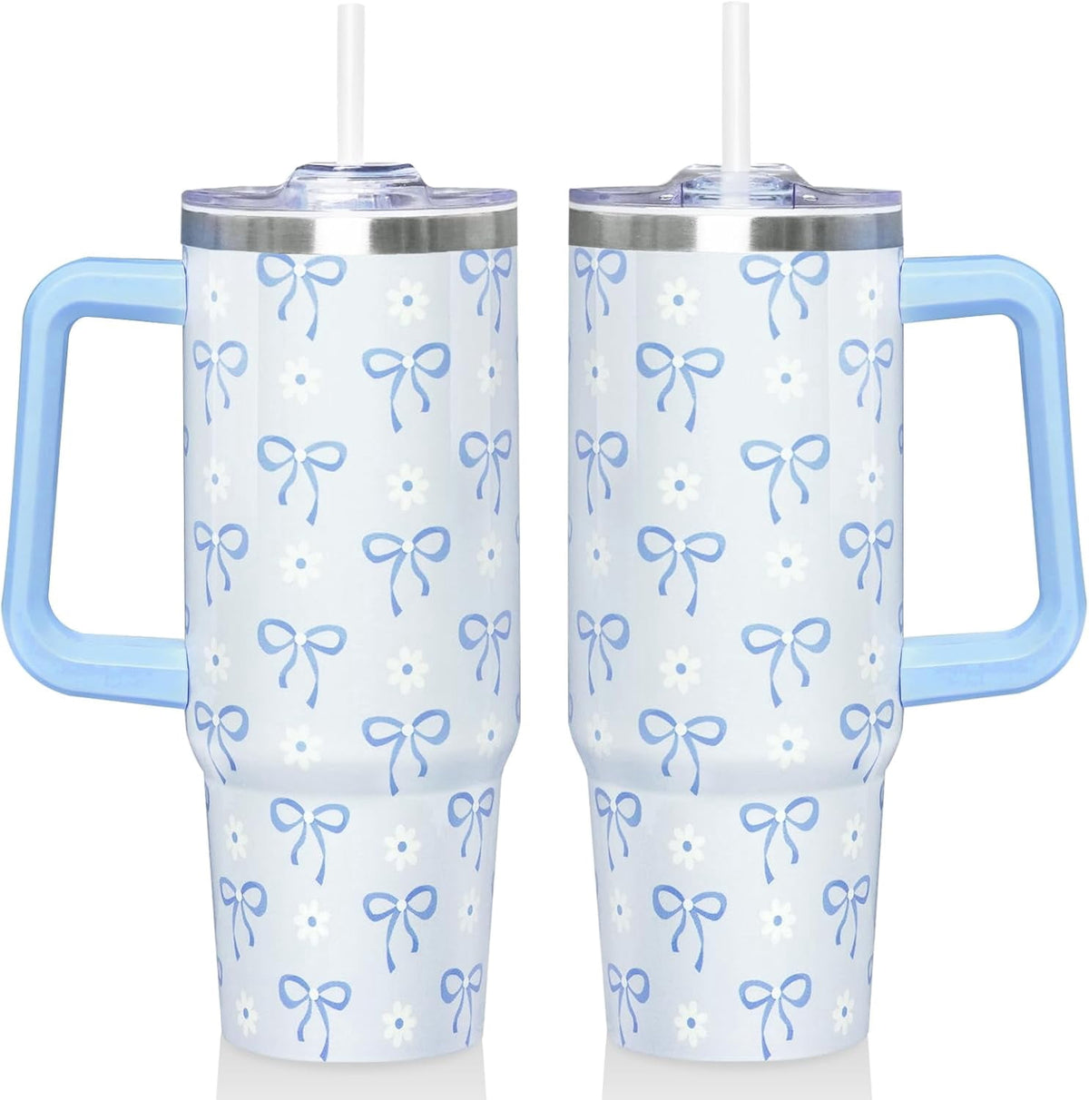 30 Oz Blue Bow Tumbler with Handle and Straw, Insulated Stainless Steel Coffee Travel Cup Mug Water Bottle, Blue Bow Themed G