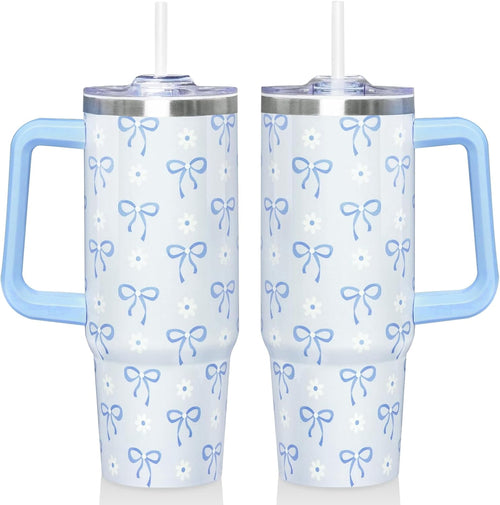 30 Oz Blue Bow Tumbler with Handle and Straw, Insulated Stainless Steel Coffee Travel Cup Mug Water Bottle, Blue Bow Themed G