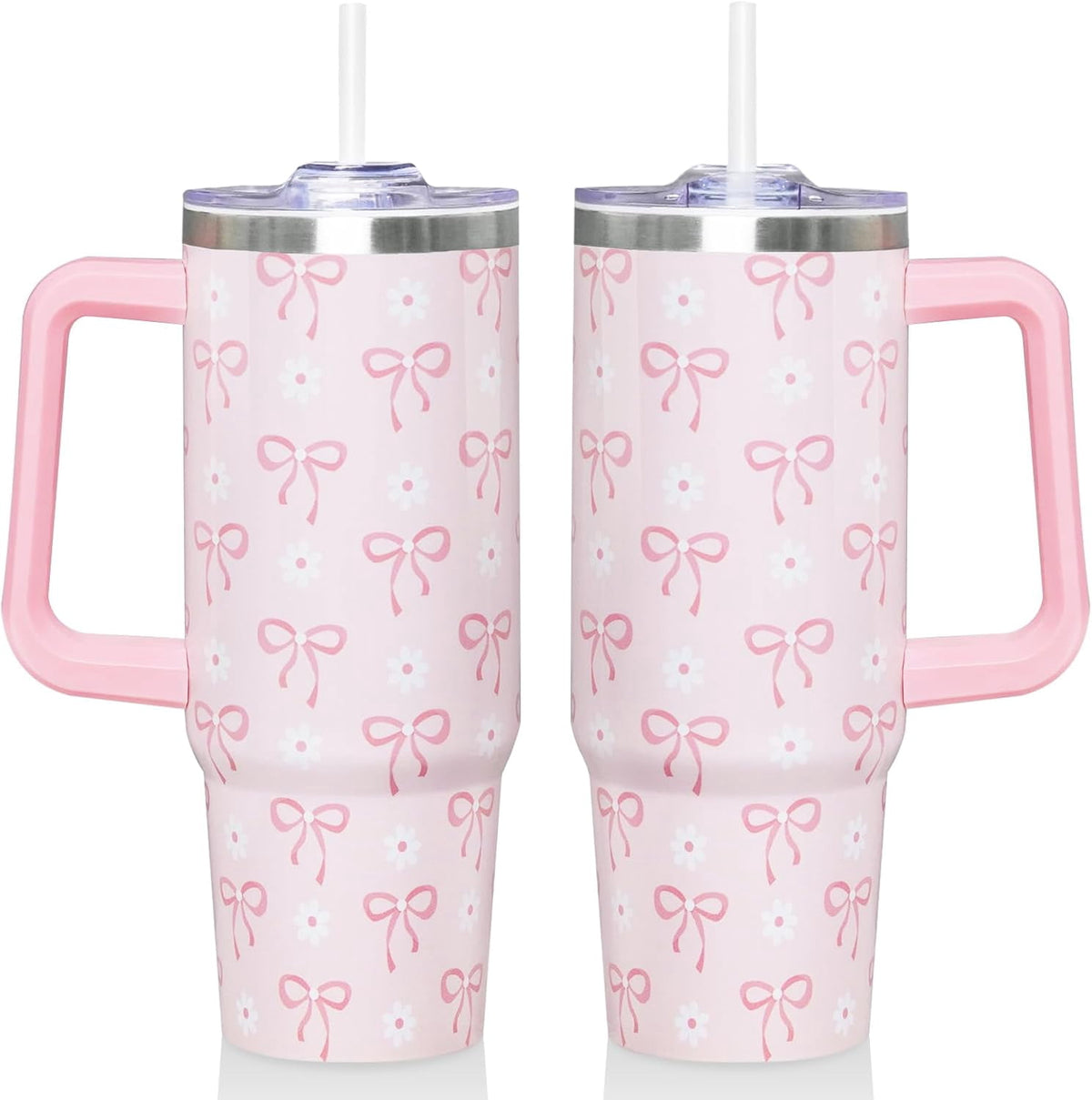 30 Oz Blue Bow Tumbler with Handle and Straw, Insulated Stainless