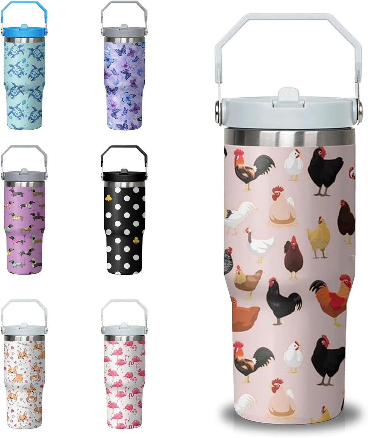 30 oz Chicken Tumbler with Handle and Flip Straw, Stainless Steel Double Insulated Cup with Lid and Straw, Travel Coffee Mug 