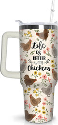 30 oz Chicken Tumbler with Handle and Straw, Floral Rooster Stainless Steel Vacuum Insulated Travel Coffee Mug Cup Water Bott