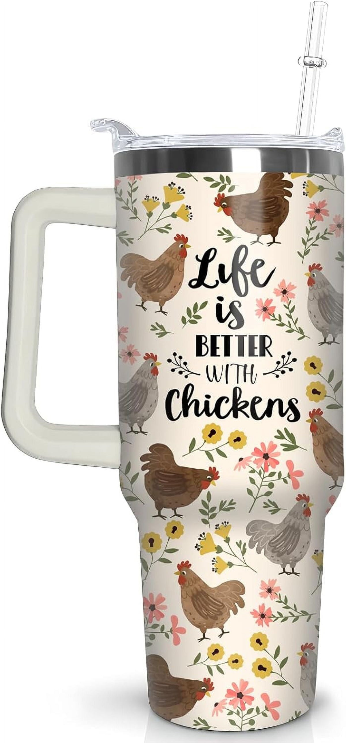 30 oz Chicken Tumbler with Handle and Straw, Floral Rooster Stainless Steel Vacuum Insulated Travel Coffee Mug Cup Water Bott