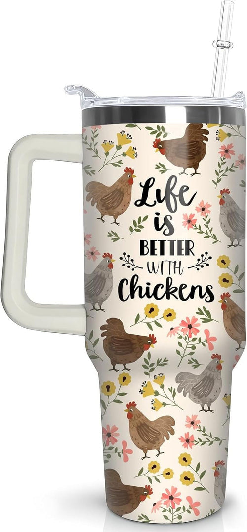 30 oz Chicken Tumbler with Handle and Straw, Floral Rooster Stainless Steel Vacuum Insulated Travel Coffee Mug Cup Water Bott