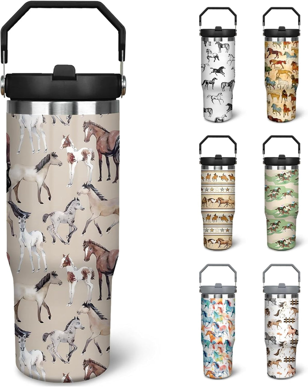 30 oz Horse Tumbler With Handle and Straw, 30oz Horse Flip Straw Tumbler Insulated Coffee Travel Mugs Cup Water Bottle Horse 
