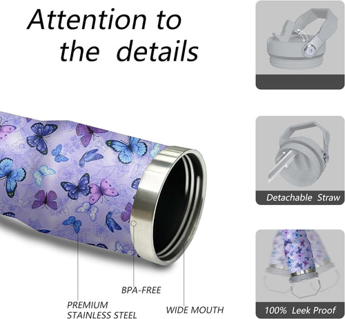 30 oz Purple Butterfly Tumbler with Handle and Filp Straw, Stainless Steel Cup with Lid and Straw, Travel Coffee Mug Insulate