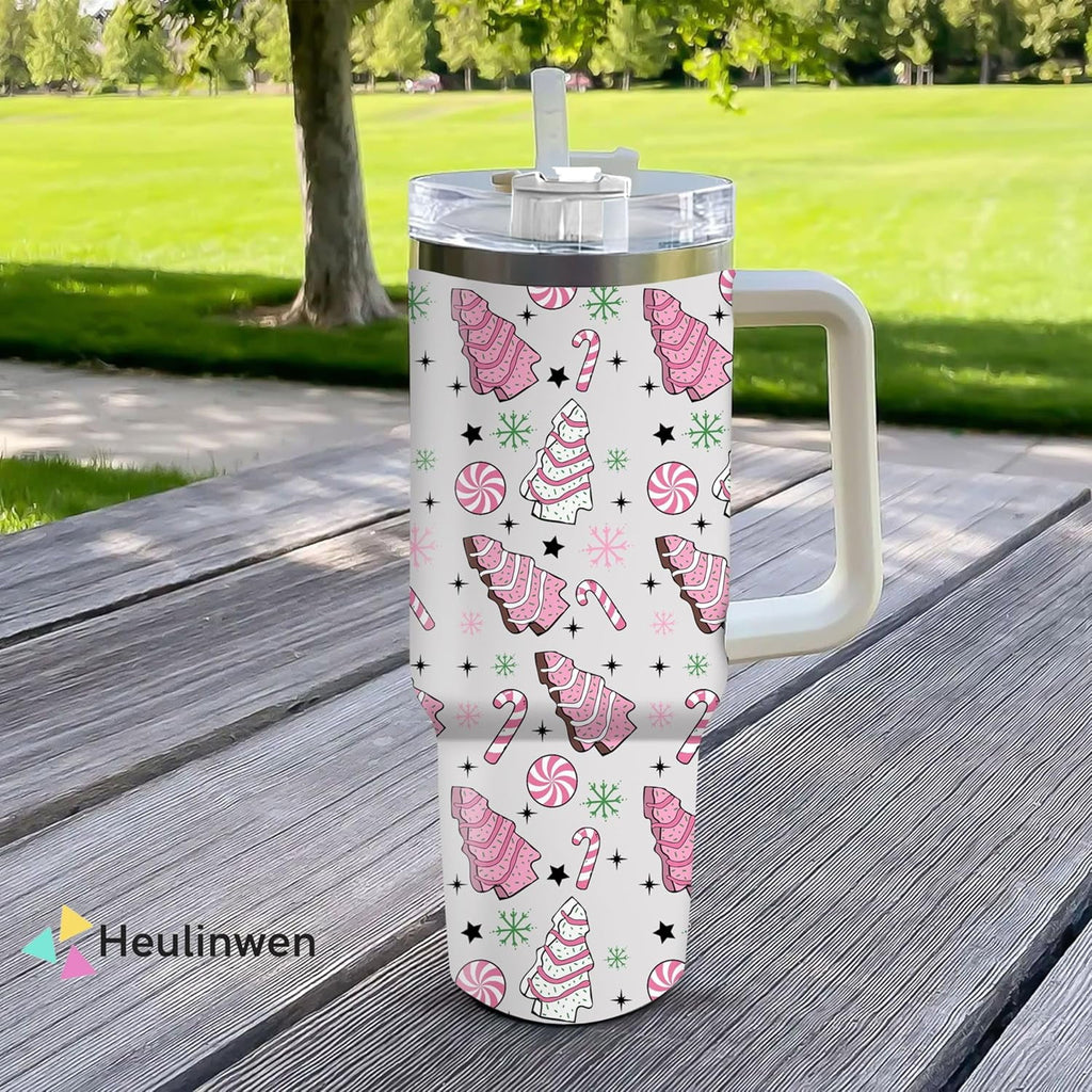 Pink Christmas Tree Cakes Stainless Steel Tumbler 40Oz With Handle Insulated Tumbler Holiday Coffee Travel Mug for Tea, Latte