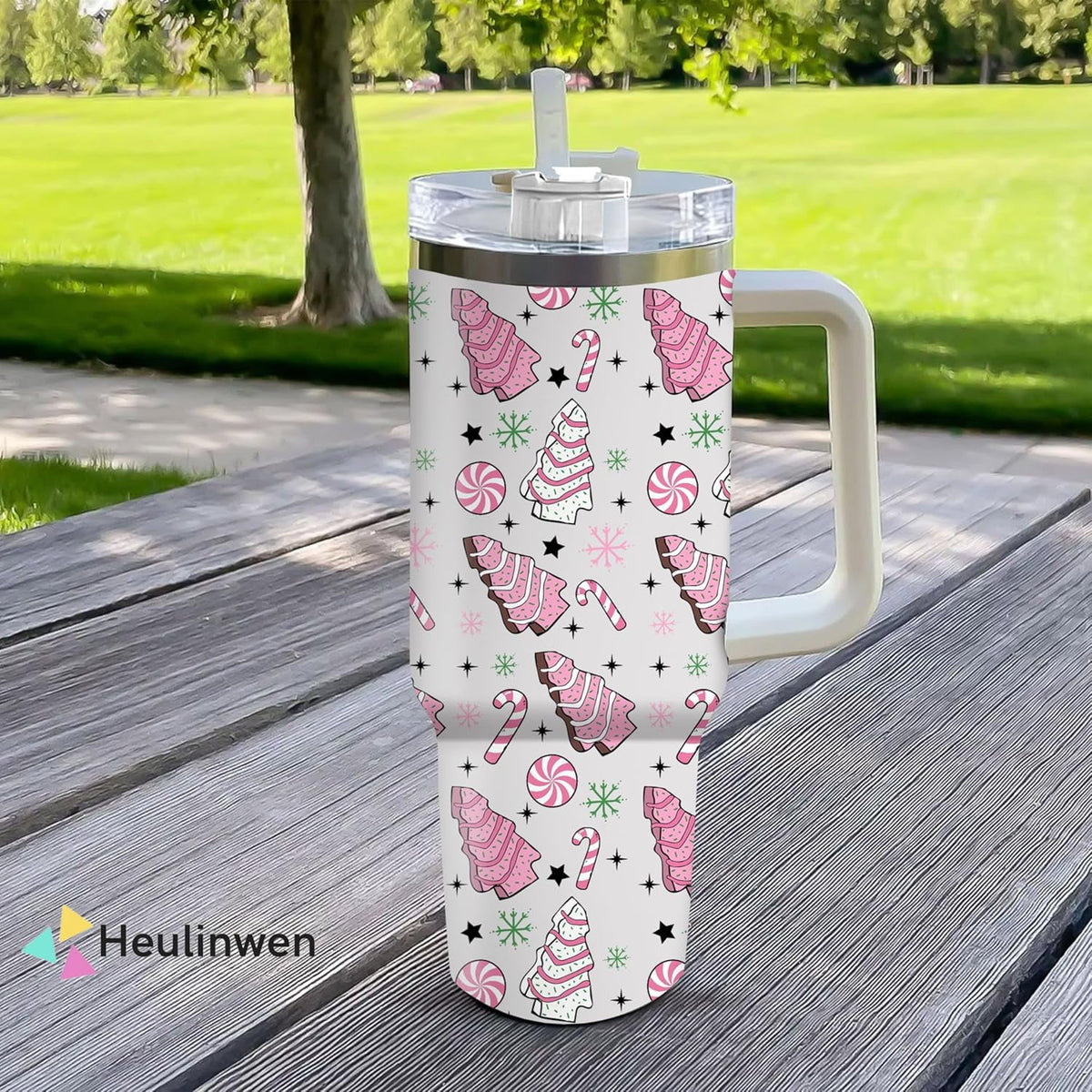Pink Christmas Tree Cakes Stainless Steel Tumbler 40Oz With Handle Insulated Tumbler Holiday Coffee Travel Mug for Tea, Latte