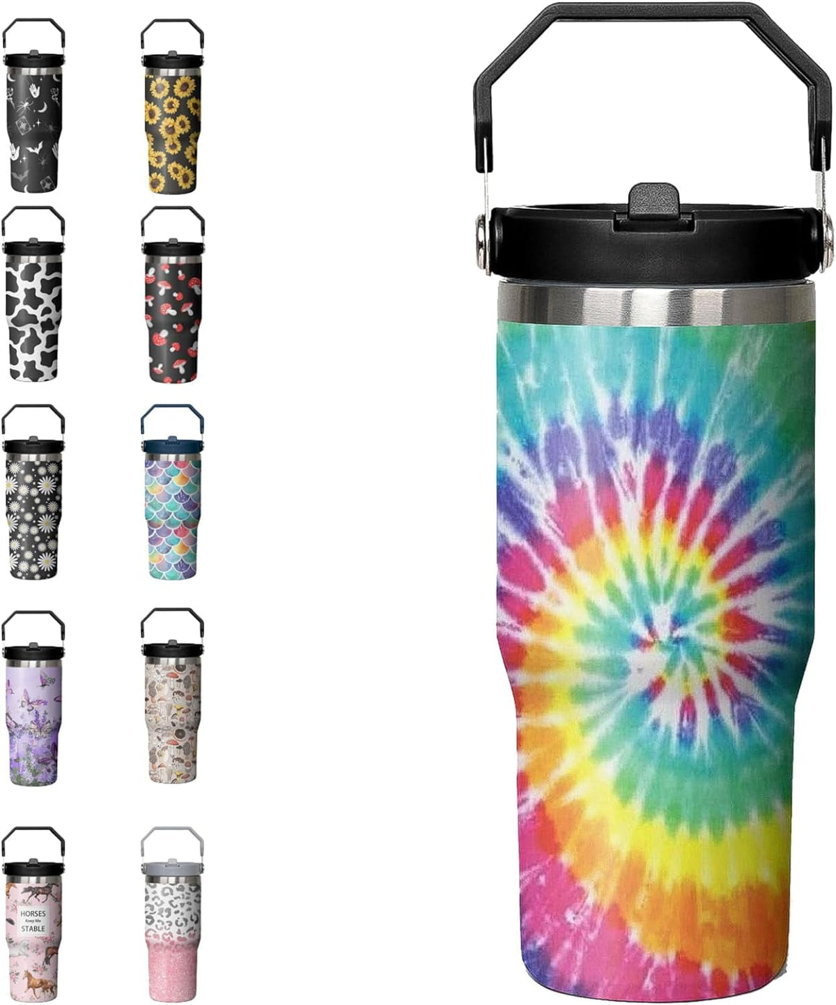 30oz Tie Dye Print Tumbler with Handle Flip Straw Tie Dye Print Coffee Mug with Handle Leak Proof Insulated Tumbler Tie Dye G