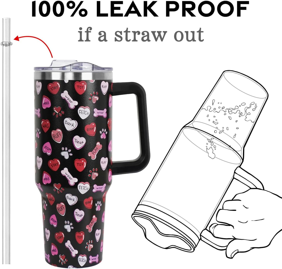 Valentines Day Gifts 40 oz Tumbler with Handle and Straw Lid,Valentine''s Day Gift for Her Women Girlfriend Wife Dog Bones an