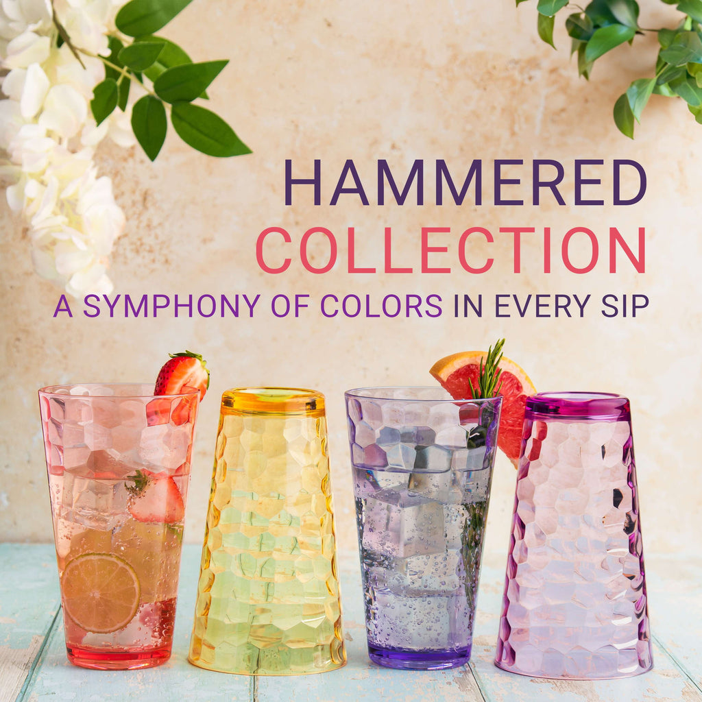 Bravario Hammered Plastic Drinking Tumbler, Dishwasher-Safe Water Glasses, BPA-Free Reusable Mixed Colors Assorted Stackable 