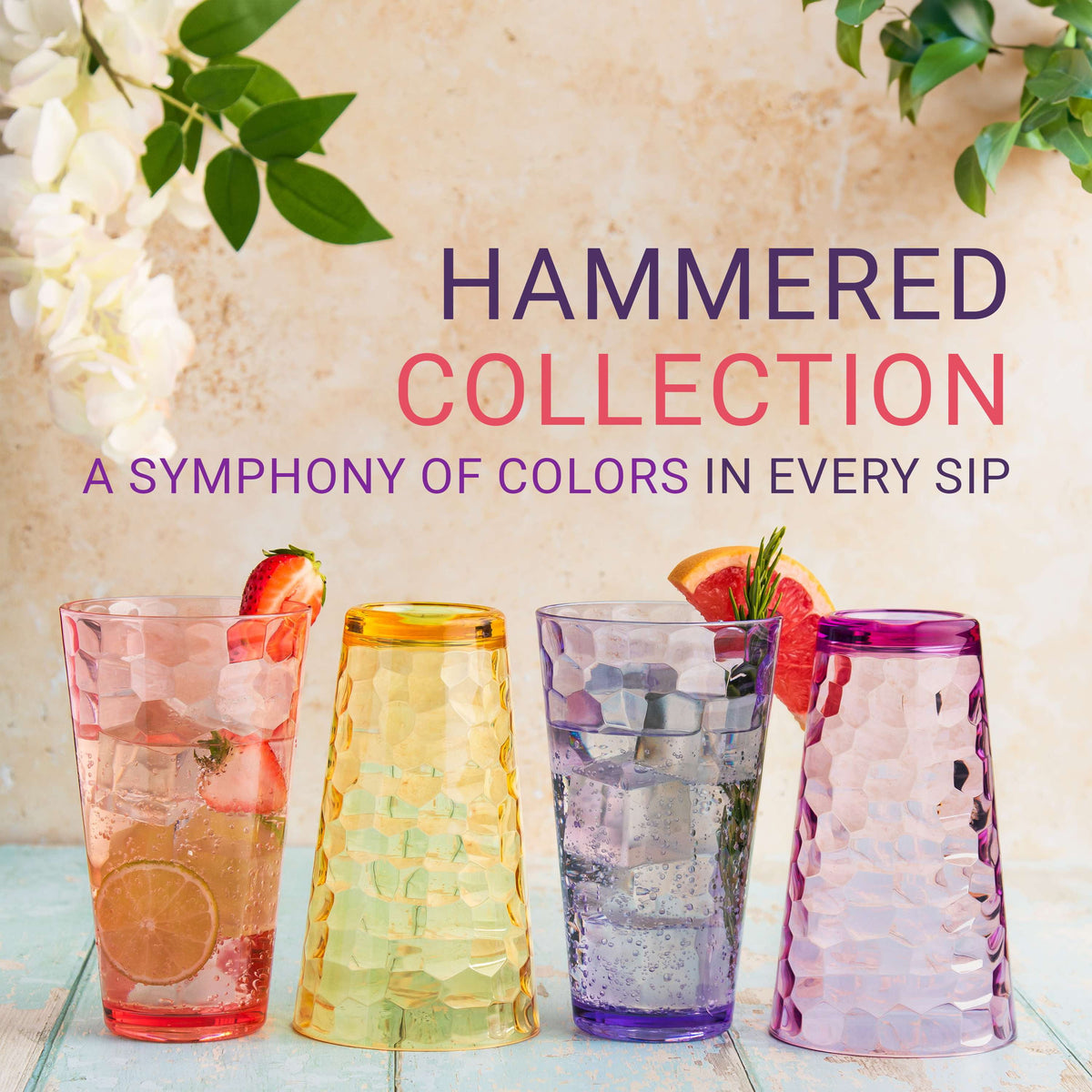 Bravario Hammered Plastic Drinking Tumbler, Dishwasher-Safe Water Glasses, BPA-Free Reusable Mixed Colors Assorted Stackable 