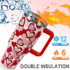 Valentines Tumbler with Handle 40 oz Red Love Hearts Coffee Travel Mug Stainless Steel Insulated Cup Valentines Anniversary W
