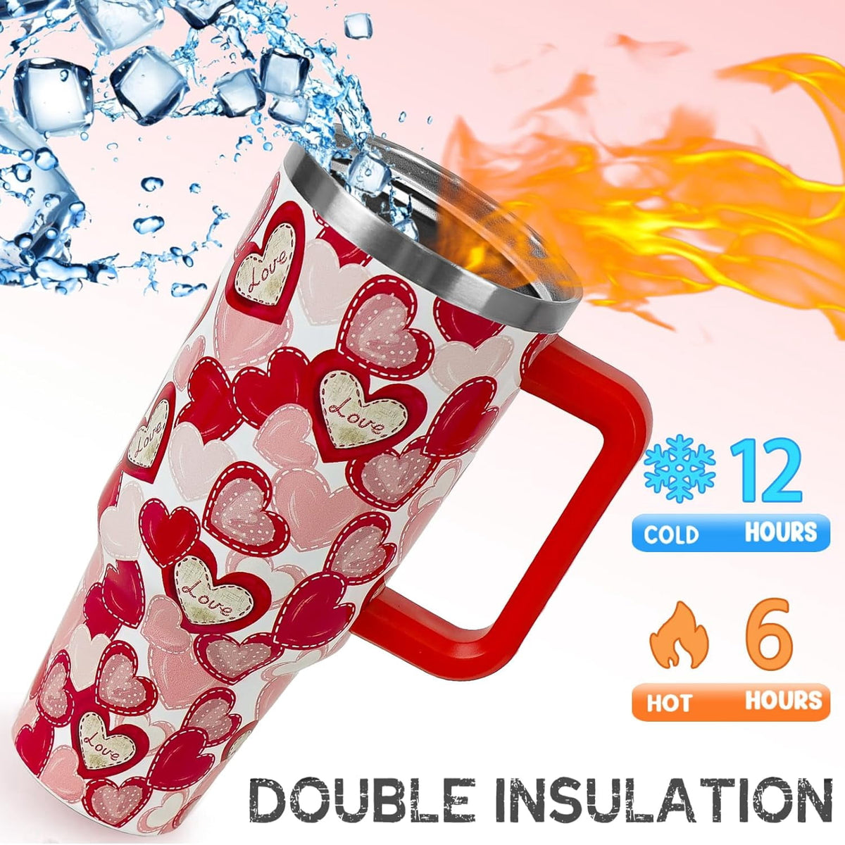 Valentines Tumbler with Handle 40 oz Red Love Hearts Coffee Travel Mug Stainless Steel Insulated Cup Valentines Anniversary W