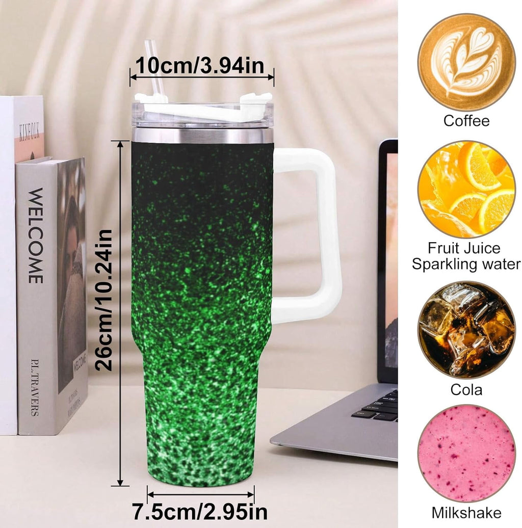 Ombre Leopard Glitter 40 oz Insulated Double Wall Stainless Steel Tumbler with Handle and Straw, Lid, Large Travel Mug Fits i