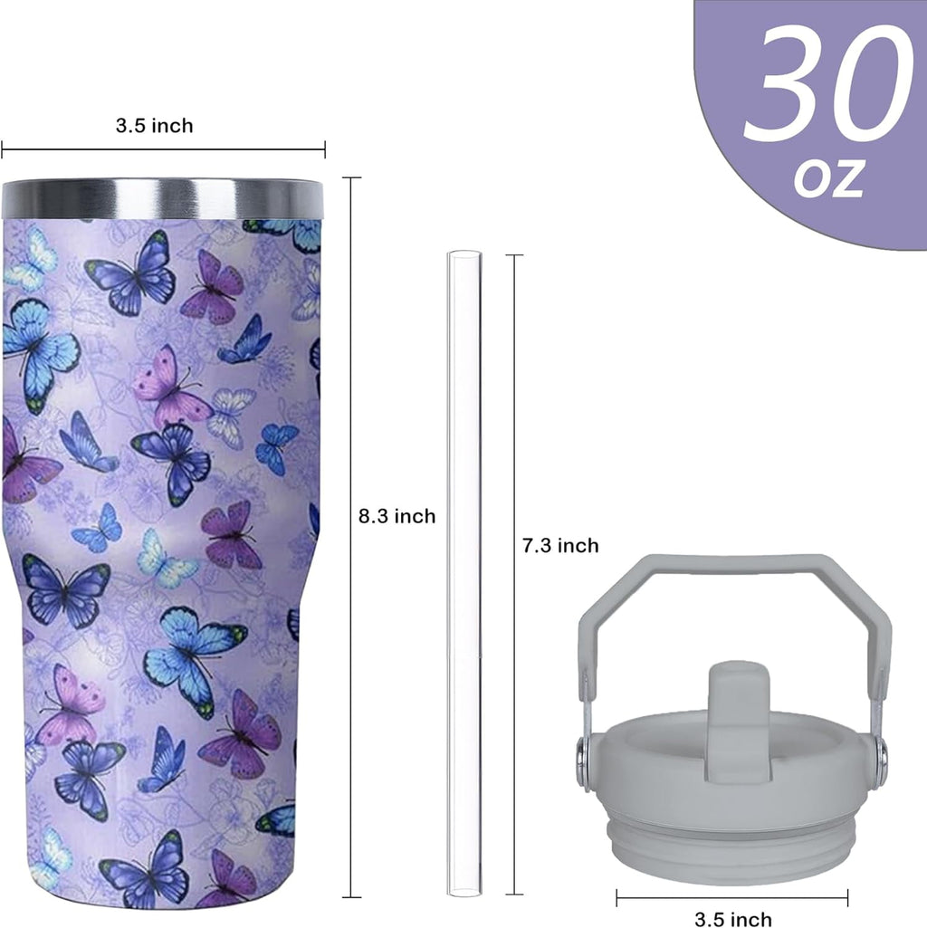 30 oz Purple Butterfly Tumbler with Handle and Filp Straw, Stainless Steel Cup with Lid and Straw, Travel Coffee Mug Insulate