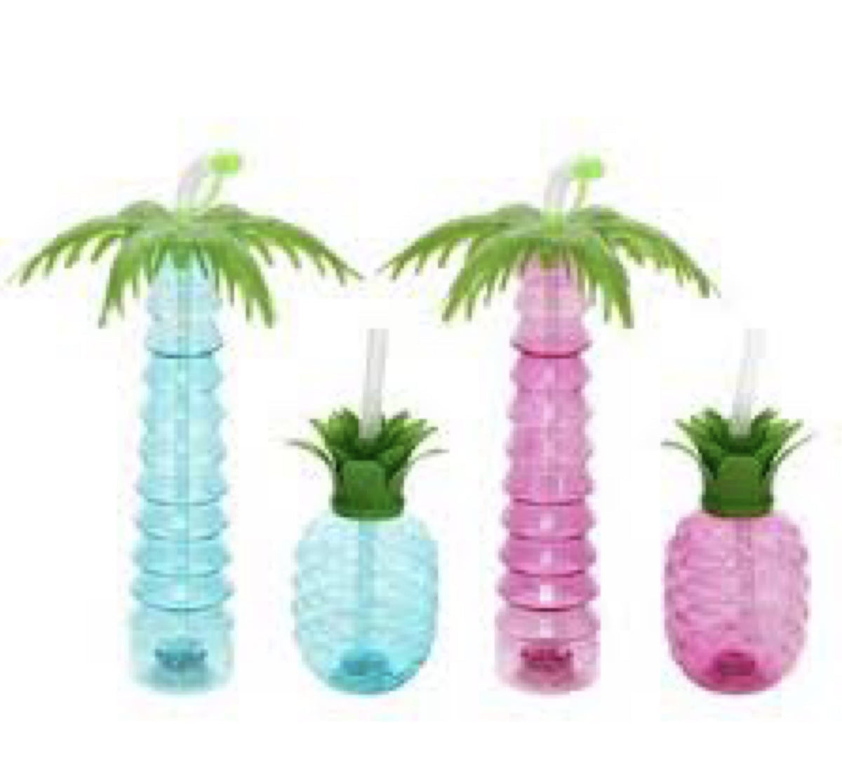 (4 Counts) HTL BPA-Free Palm Tree and Pineapple Shaped LED Light Up Tumblers with Straws, Luau Yard Party Cups with Lids, for