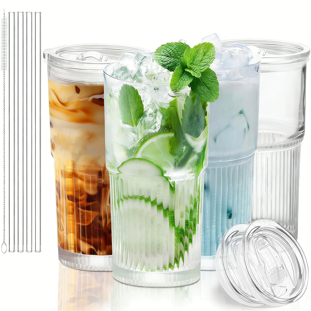 4 pack 16 oz Glass Cups with Lids and Straws – Single Reusable Tumbler, Thickened Shatter-Resistant Glass, Ideal for Iced Cof