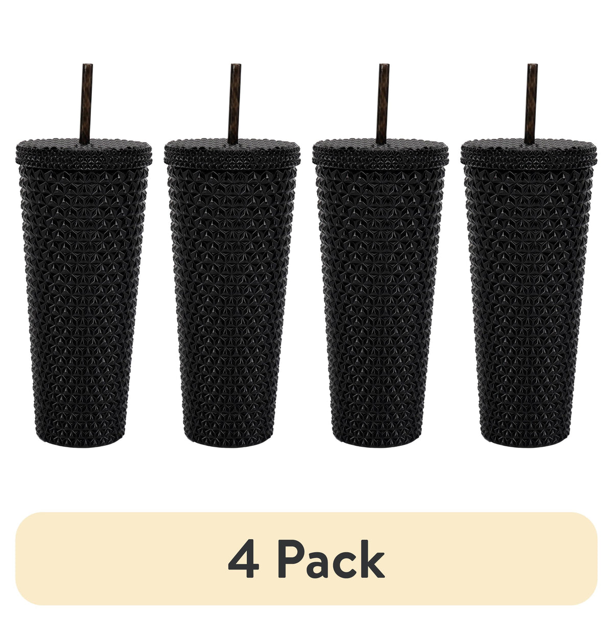 (4 pack) Mainstays 26-Ounce Capacity Plastic Double Wall Insulated Iridescent Textured Tumbler with Straw, Black