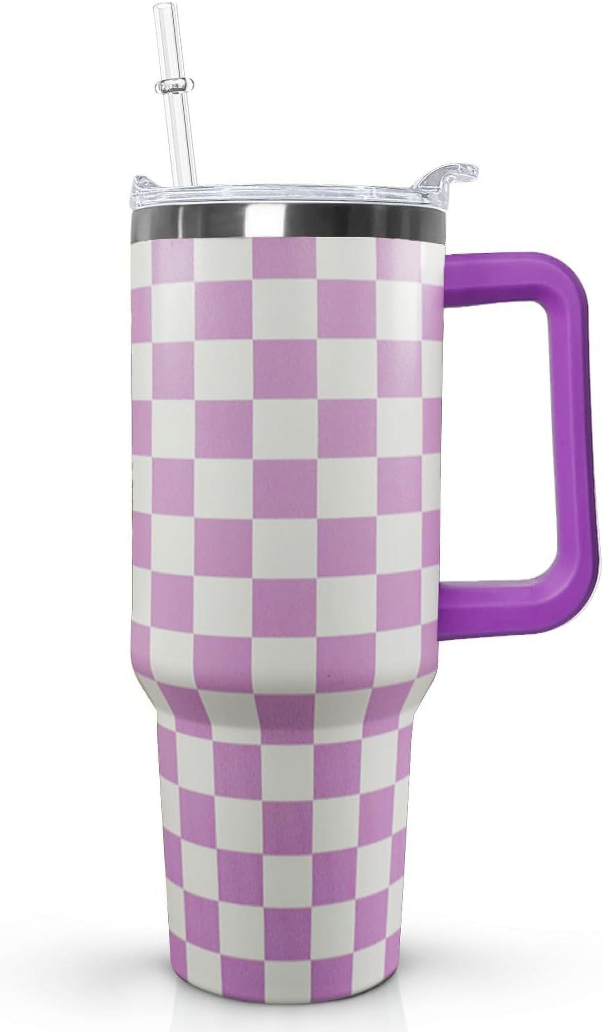 40 Oz Checkered Tumbler with Handle Lid and Straw, Purple Checkered Tumbler Water Bottle Travel Coffee Cup Mug,Checkered Gift