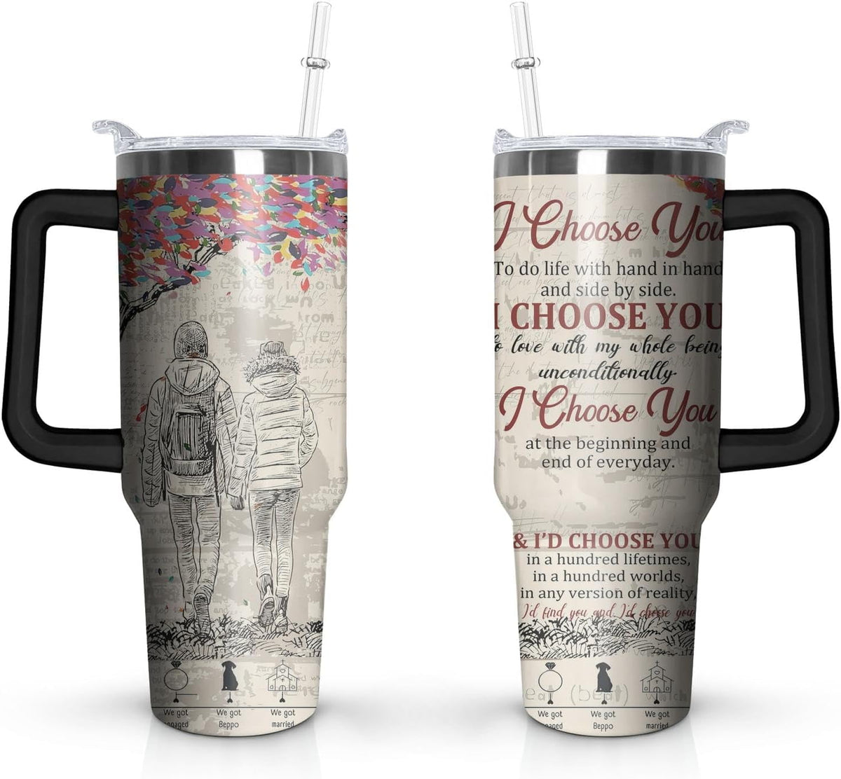 40 Oz Couples Tumbler with Handle and Straw, Anniversary Couple Insulated Couples Mugs, Couples Engagement Gift Cup for Coupl