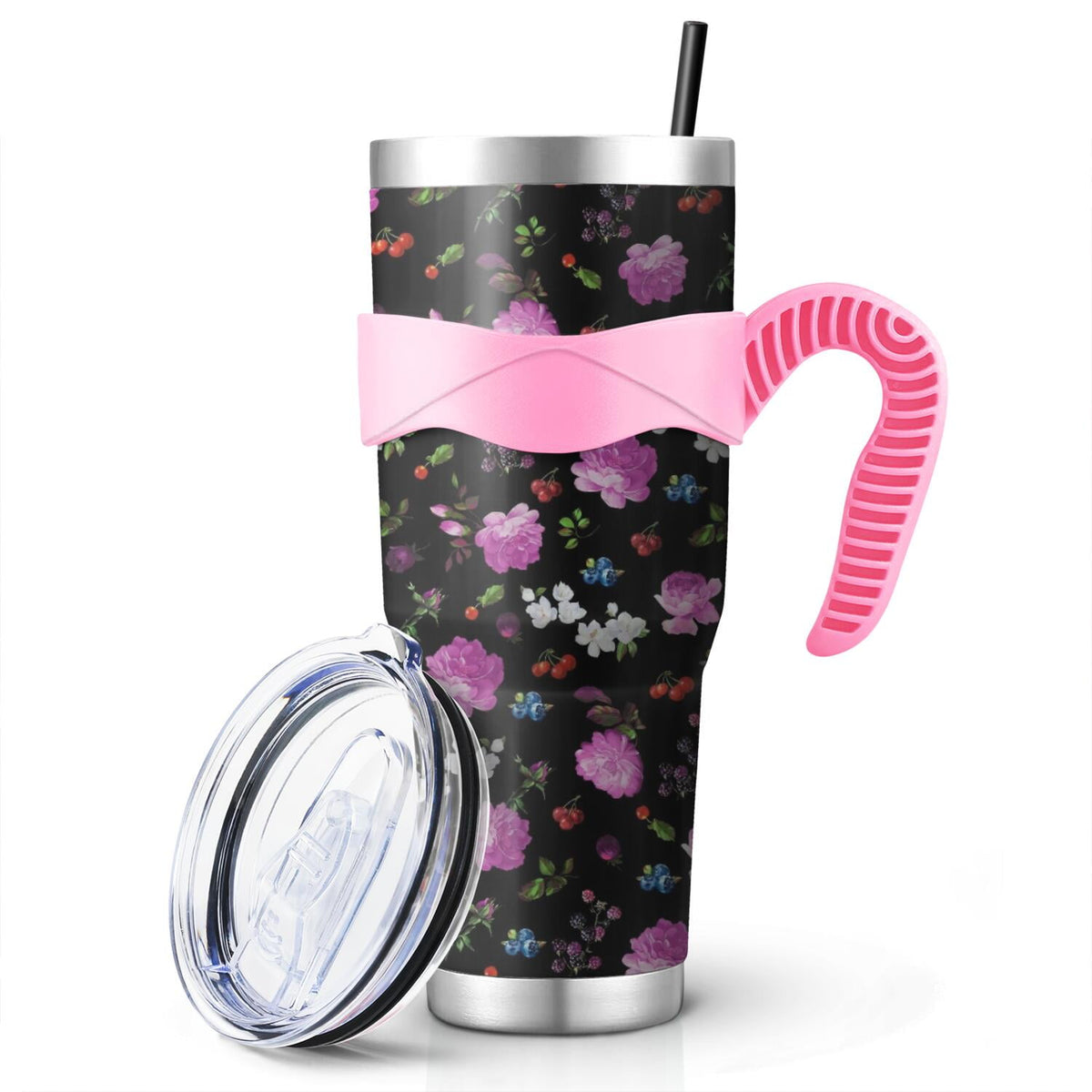 40 Oz Pioneer Tumbler with Handle and Silicone Straws,Colorful Floral Double Wall Vacuum Insulated Stainless Steel Travel Mug
