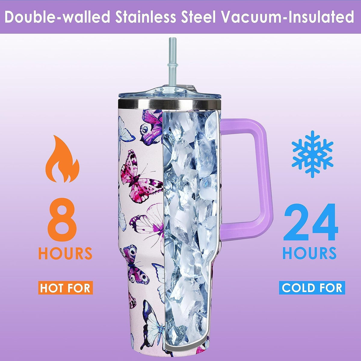 40 Oz Tumbler With Handle 40oz Purple Butterfly Tumbler With Lid Straw Double Insulated Travel Coffee Mug Butterfly Gifts For