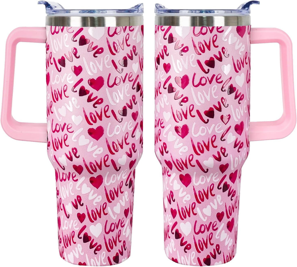 40 Oz Valentines Day Tumbler 3d-Printed Pink Love Tumbler Gifts for Couple Women Men Insulated Travel Cup with Handle Lid and