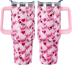 40 Oz Valentines Day Tumbler 3d-Printed Pink Love Tumbler Gifts for Couple Women Men Insulated Travel Cup with Handle Lid and