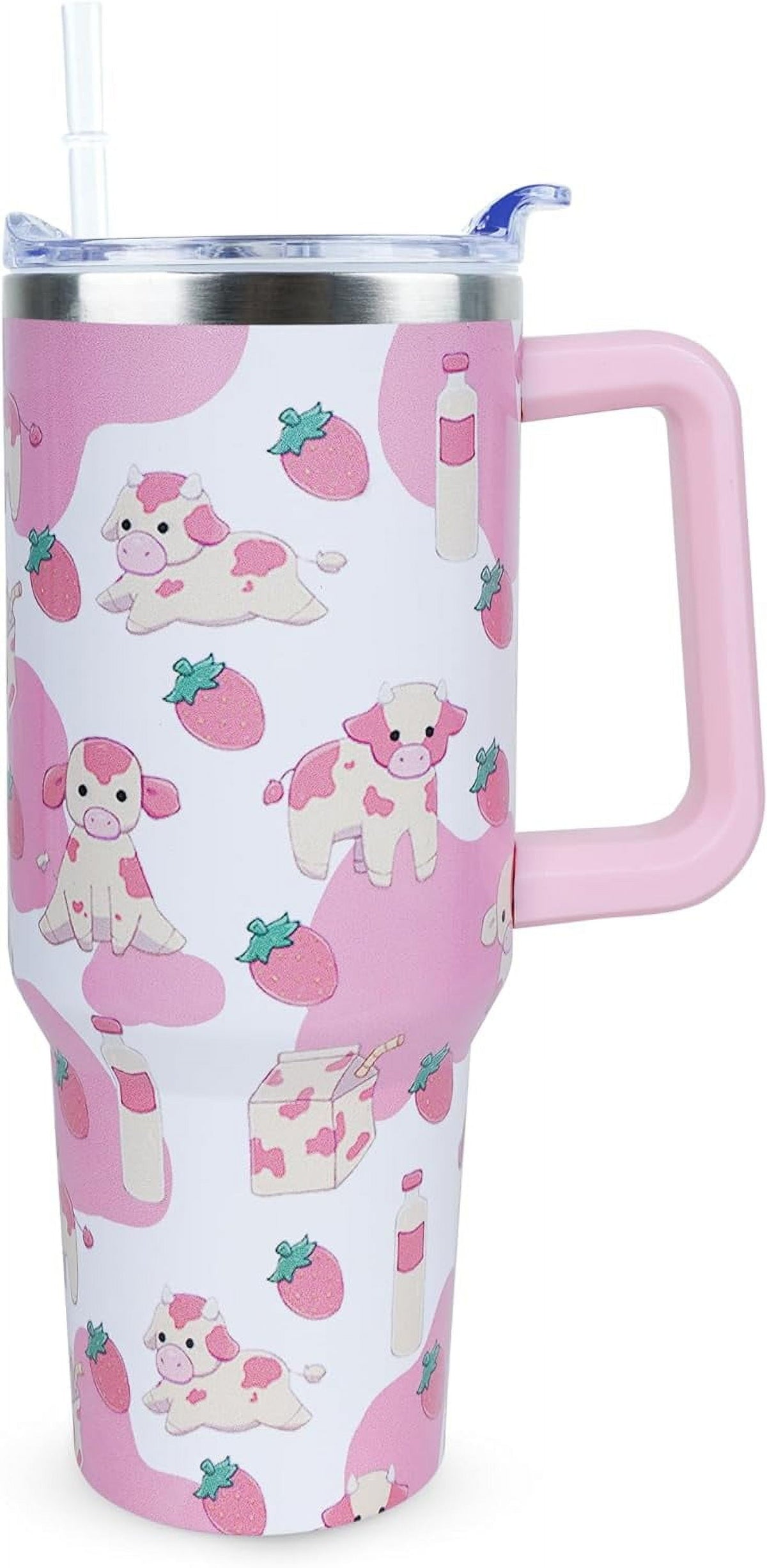 40 oz Cute Strawberry Cow Tumbler with Handle and Straw, Stainless Steel Insulated Cup with Lid and Straw, Travel Mug Water B