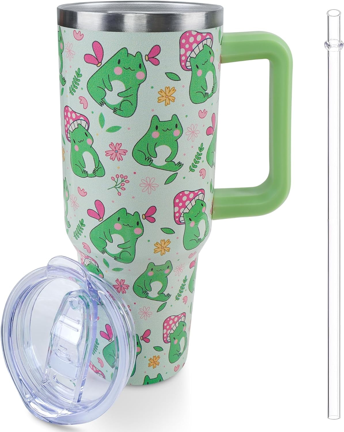 40 oz Frog Mushroom Tumbler with Handle and Straw, Travel Mug Water Bottle, Stainless Steel Insulated Cup with Lid and Straw,