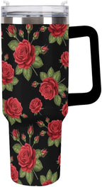 40 oz Insulated Floral Flowers Red Rose Coffee Tumbler with Portable Handle, Stainless Steel Vacuum Travel Mug for Unisex Hom