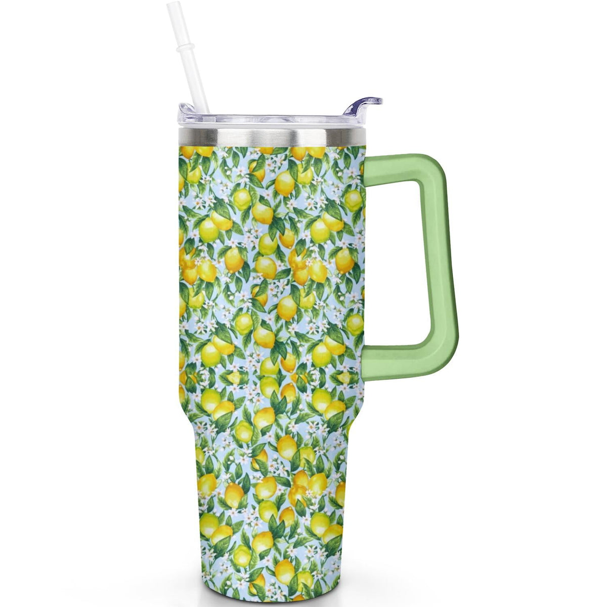 40 oz Lemon Theme Tumbler Spill Proof Lid 40oz Lemon Tumbler with Handle & Straw Double Insulated Travel Coffee Cup Lemon Lov