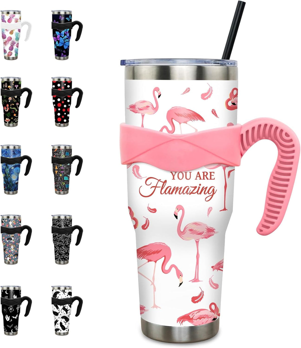 40 oz Tumbler with Handle and Straw 40oz Pink Flamingo Cup Insulated Coffee Travel Mug Spill Proof Leak Proof 40 ounce Stainl