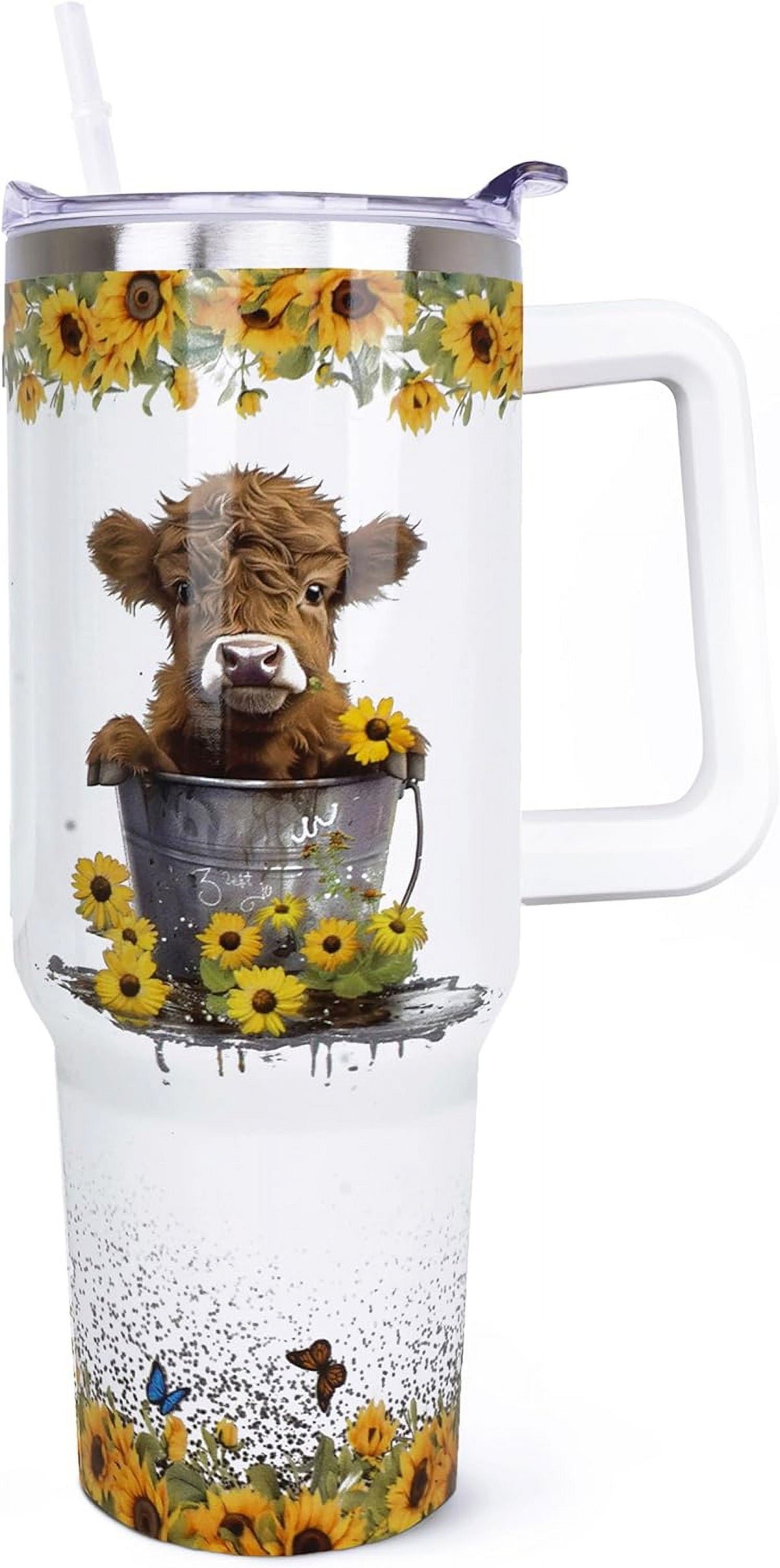 40 oz Tumbler with Handle and Straw, Highland Cow Tumbler with Leak Proof Lid, Reusable Stainless Steel Insulated Travel Coff