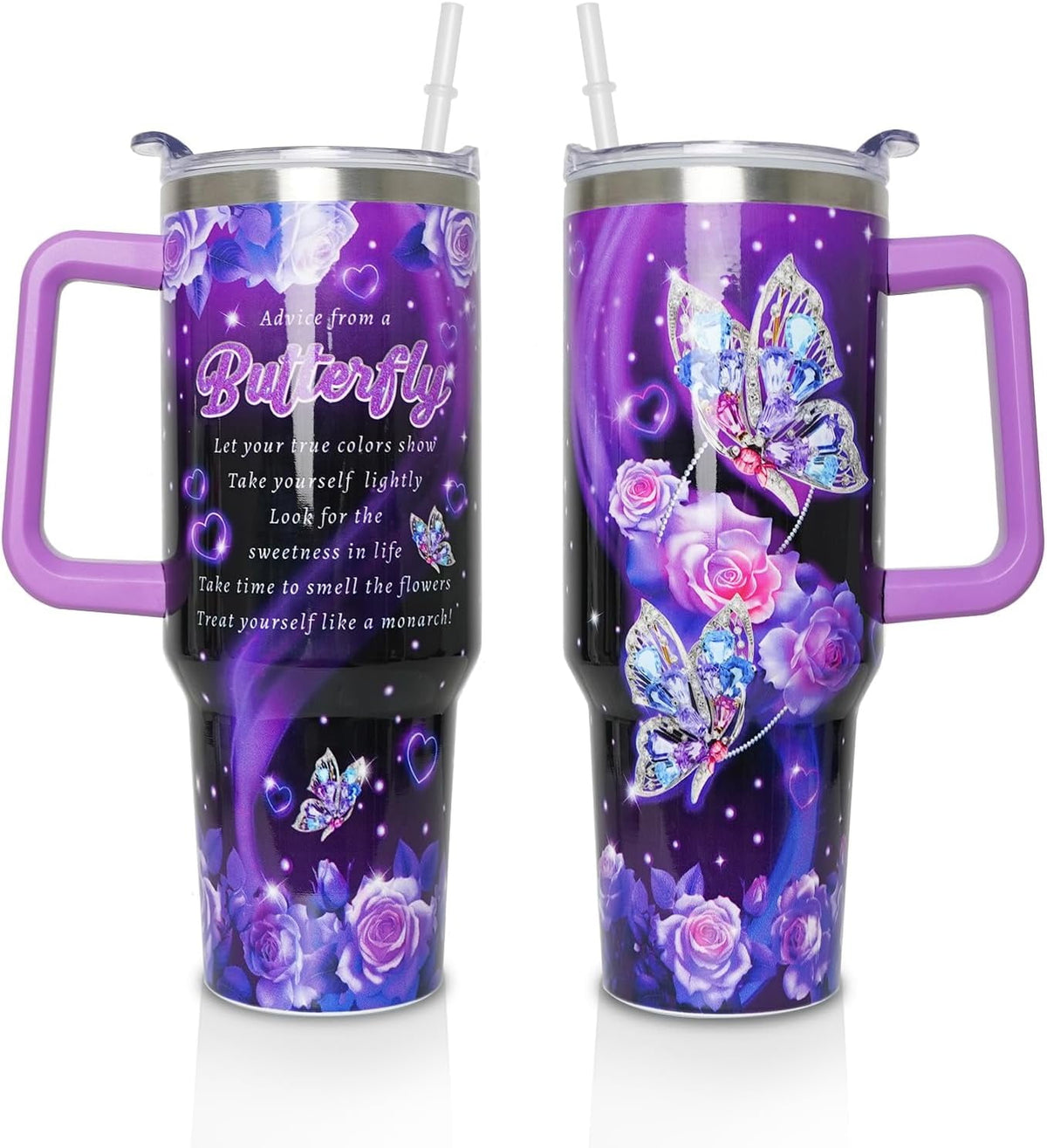 40 oz Tumbler with Handle and Straw Lid, Purple Butterfly Insulated Cup, Double Vacuum Leak Proof Coffee Travel Mug, Flower S